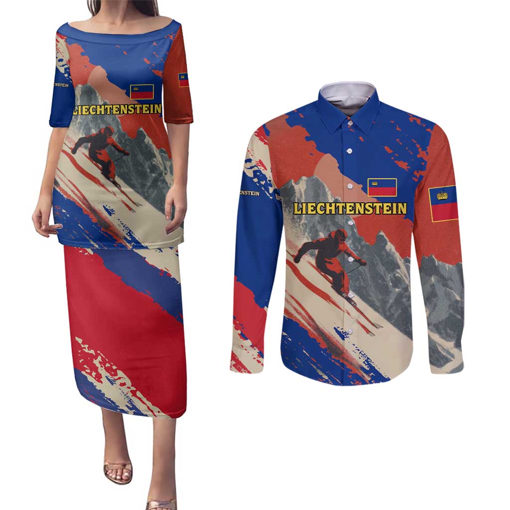 Liechtenstein Couples Matching Puletasi and Long Sleeve Button Shirt with Alpine Skiing Red Blue Design and Mountain Landscape - Wonder Print Shop