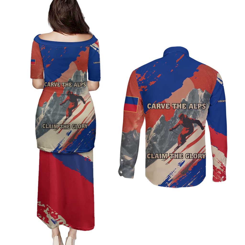 Liechtenstein Couples Matching Puletasi and Long Sleeve Button Shirt with Alpine Skiing Red Blue Design and Mountain Landscape - Wonder Print Shop