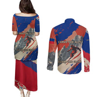 Liechtenstein Couples Matching Puletasi and Long Sleeve Button Shirt with Alpine Skiing Red Blue Design and Mountain Landscape - Wonder Print Shop