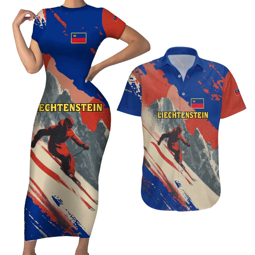 Liechtenstein Couples Matching Short Sleeve Bodycon Dress and Hawaiian Shirt with Alpine Skiing Red Blue Design and Mountain Landscape - Wonder Print Shop