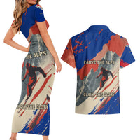 Liechtenstein Couples Matching Short Sleeve Bodycon Dress and Hawaiian Shirt with Alpine Skiing Red Blue Design and Mountain Landscape - Wonder Print Shop