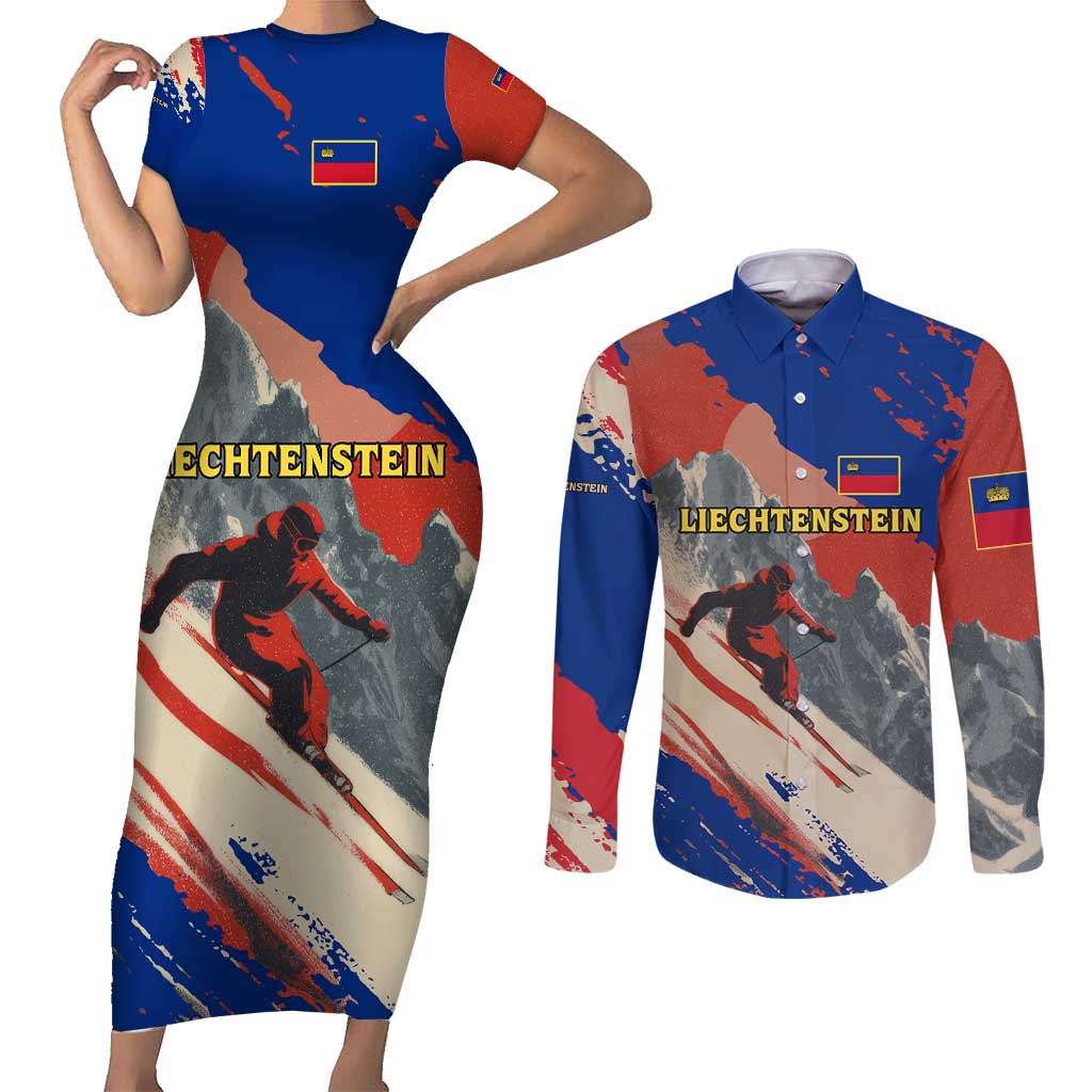Liechtenstein Couples Matching Short Sleeve Bodycon Dress and Long Sleeve Button Shirt with Alpine Skiing Red Blue Design and Mountain Landscape - Wonder Print Shop
