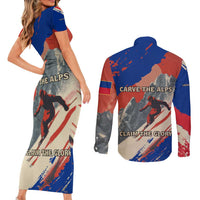 Liechtenstein Couples Matching Short Sleeve Bodycon Dress and Long Sleeve Button Shirt with Alpine Skiing Red Blue Design and Mountain Landscape - Wonder Print Shop