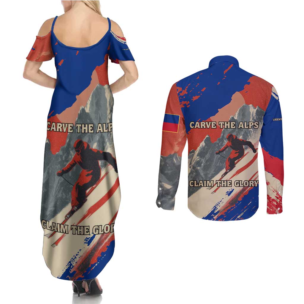 Liechtenstein Couples Matching Summer Maxi Dress and Long Sleeve Button Shirt with Alpine Skiing Red Blue Design and Mountain Landscape - Wonder Print Shop