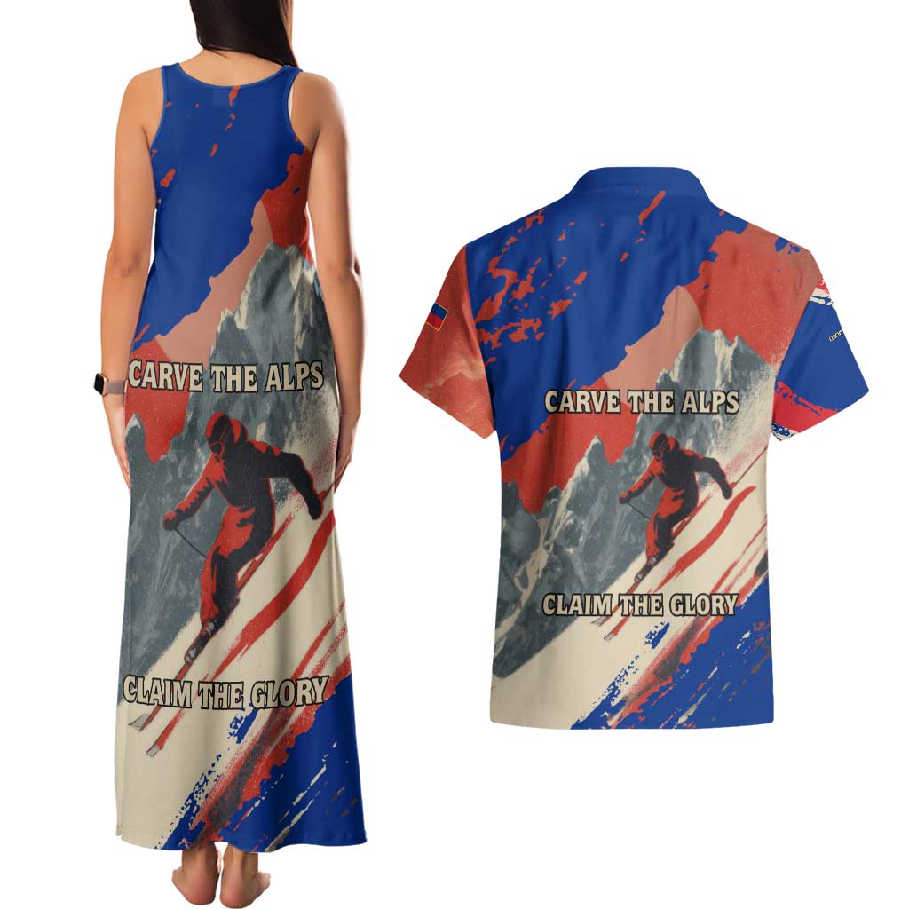 Liechtenstein Couples Matching Tank Maxi Dress and Hawaiian Shirt with Alpine Skiing Red Blue Design and Mountain Landscape - Wonder Print Shop