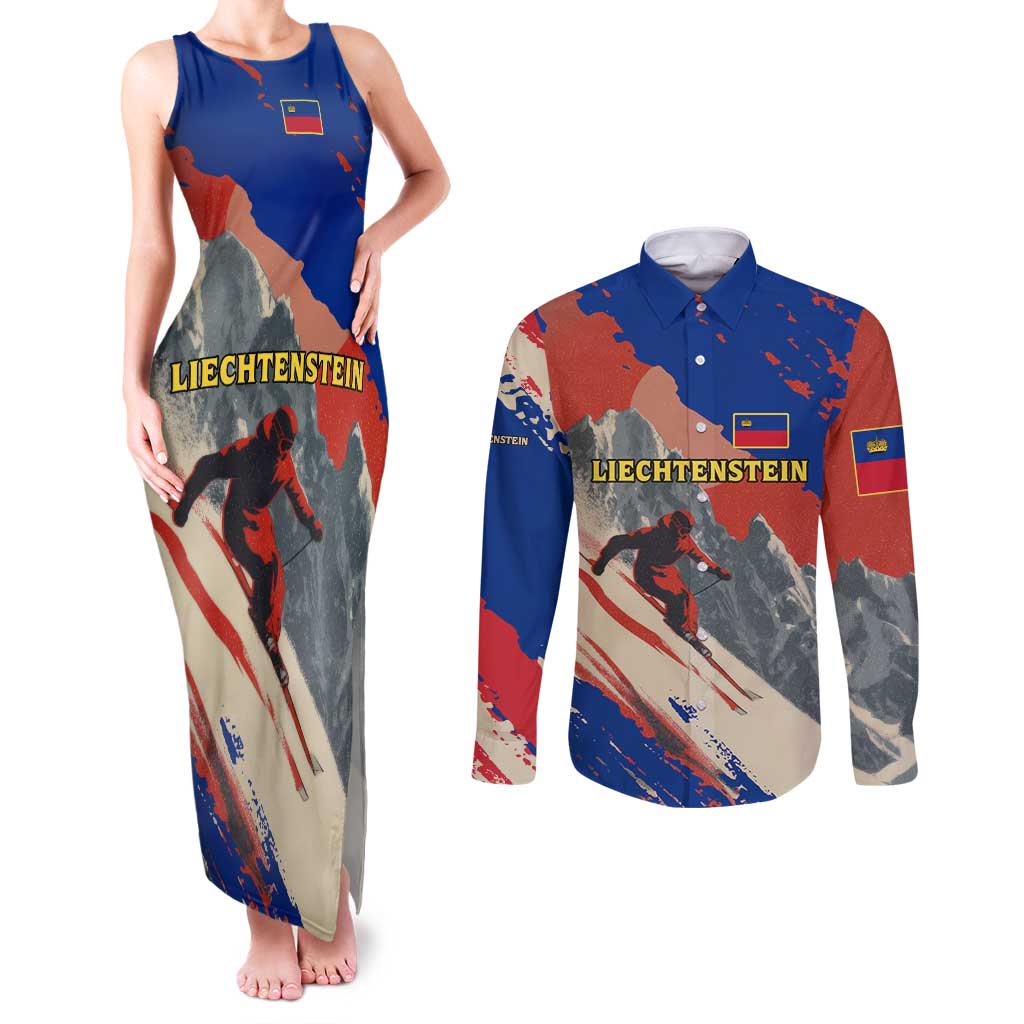 Liechtenstein Couples Matching Tank Maxi Dress and Long Sleeve Button Shirt with Alpine Skiing Red Blue Design and Mountain Landscape - Wonder Print Shop