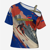 Liechtenstein Cross Shoulder Shirt with Alpine Skiing Red Blue Design and Mountain Landscape - Wonder Print Shop