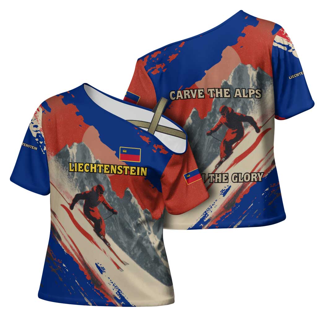Liechtenstein Cross Shoulder Shirt with Alpine Skiing Red Blue Design and Mountain Landscape - Wonder Print Shop