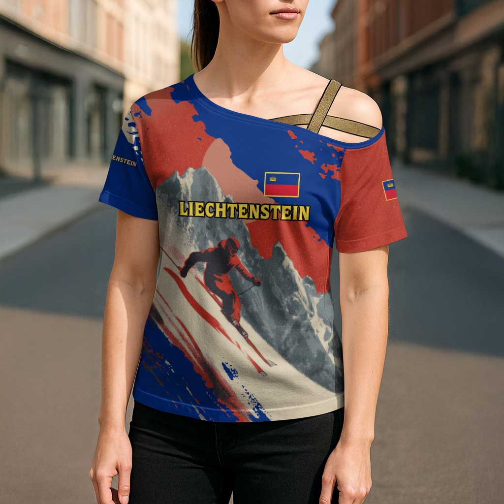 Liechtenstein Cross Shoulder Shirt with Alpine Skiing Red Blue Design and Mountain Landscape - Wonder Print Shop