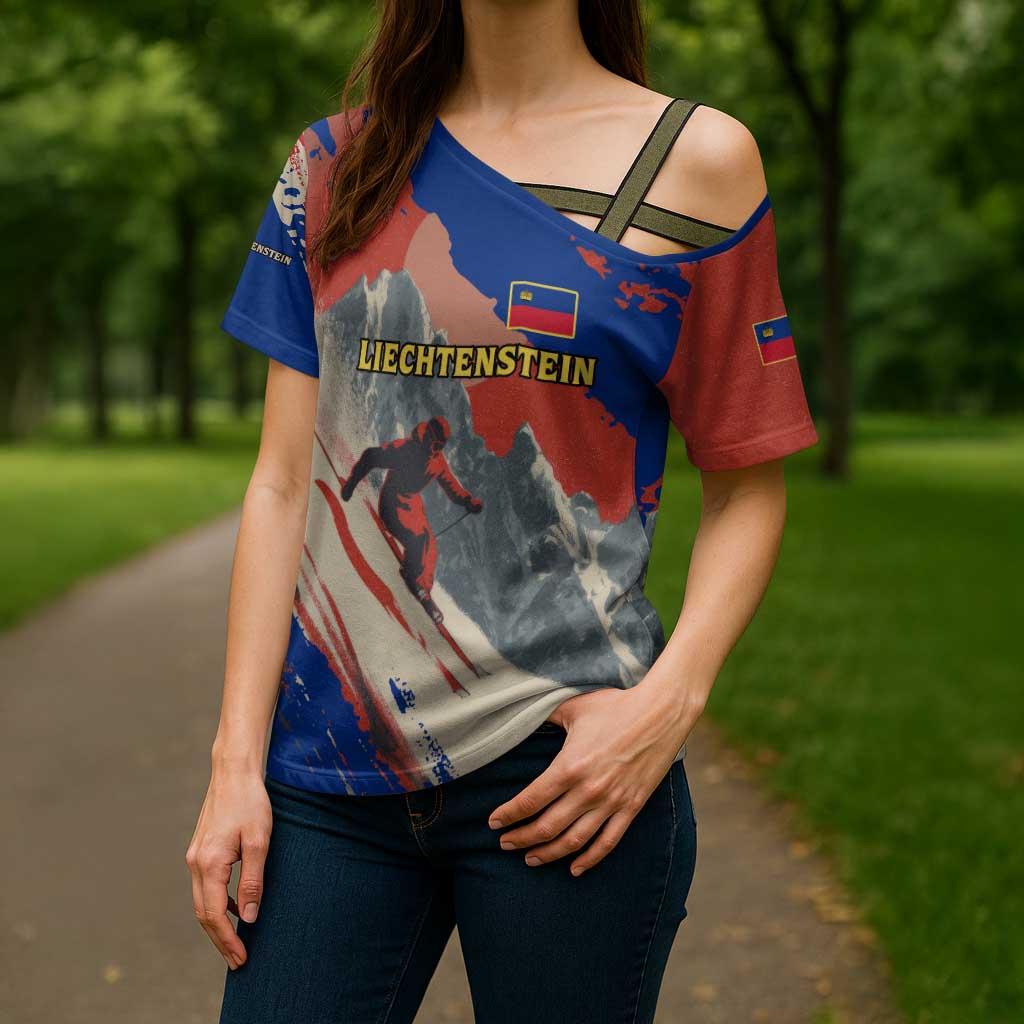 Liechtenstein Cross Shoulder Shirt with Alpine Skiing Red Blue Design and Mountain Landscape - Wonder Print Shop