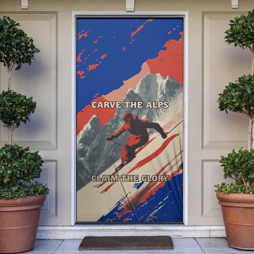 Liechtenstein Door Cover with Alpine Skiing Red Blue Design and Mountain Landscape - Wonder Print Shop
