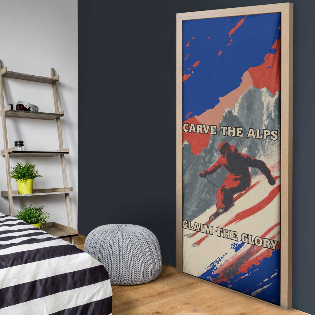 Liechtenstein Door Cover with Alpine Skiing Red Blue Design and Mountain Landscape - Wonder Print Shop