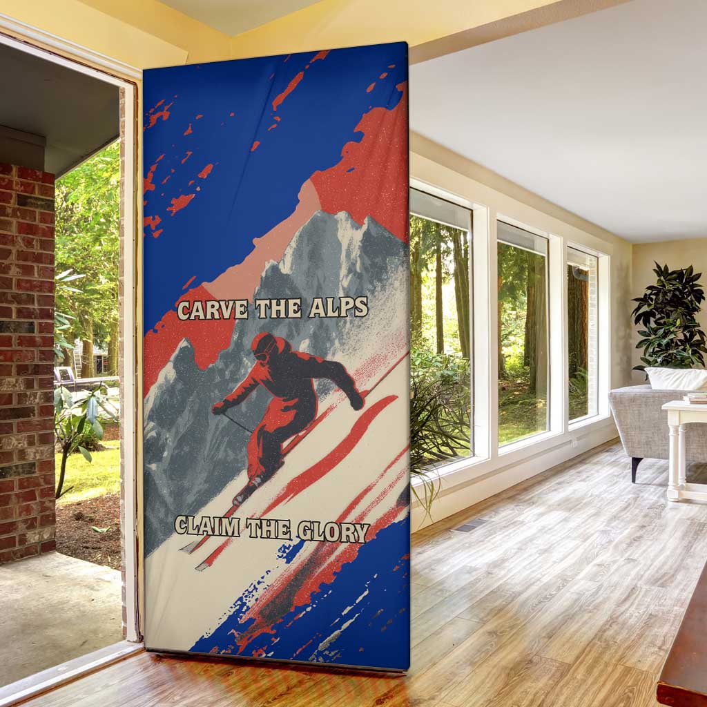 Liechtenstein Door Cover with Alpine Skiing Red Blue Design and Mountain Landscape - Wonder Print Shop