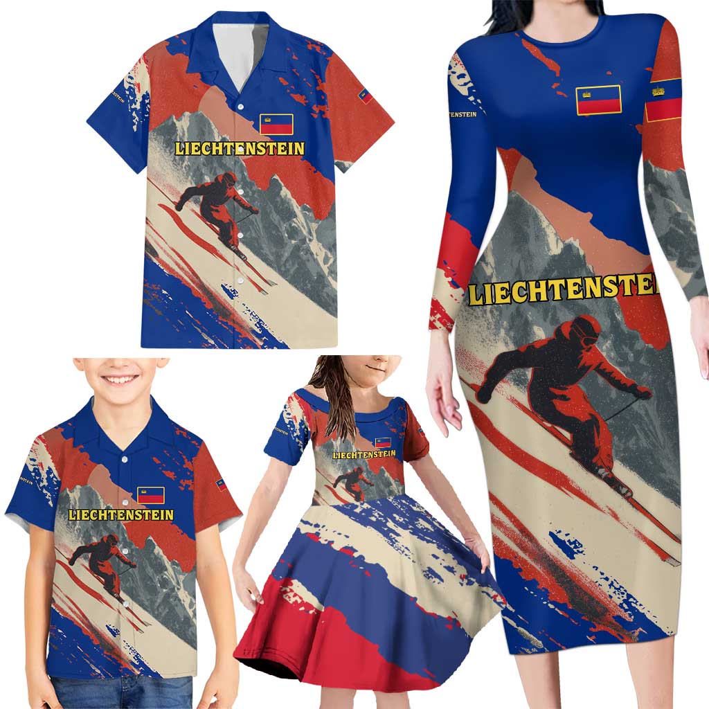 Liechtenstein Family Matching Long Sleeve Bodycon Dress and Hawaiian Shirt with Alpine Skiing Red Blue Design and Mountain Landscape - Wonder Print Shop