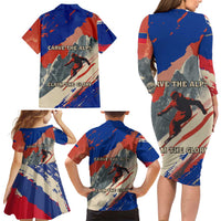 Liechtenstein Family Matching Long Sleeve Bodycon Dress and Hawaiian Shirt with Alpine Skiing Red Blue Design and Mountain Landscape - Wonder Print Shop