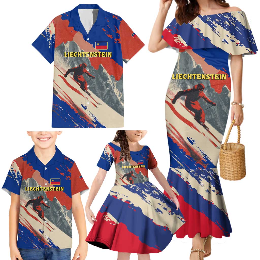 Liechtenstein Family Matching Mermaid Dress and Hawaiian Shirt with Alpine Skiing Red Blue Design and Mountain Landscape - Wonder Print Shop