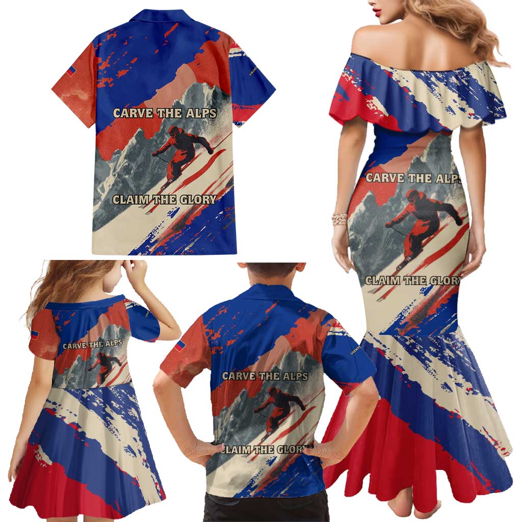 Liechtenstein Family Matching Mermaid Dress and Hawaiian Shirt with Alpine Skiing Red Blue Design and Mountain Landscape - Wonder Print Shop
