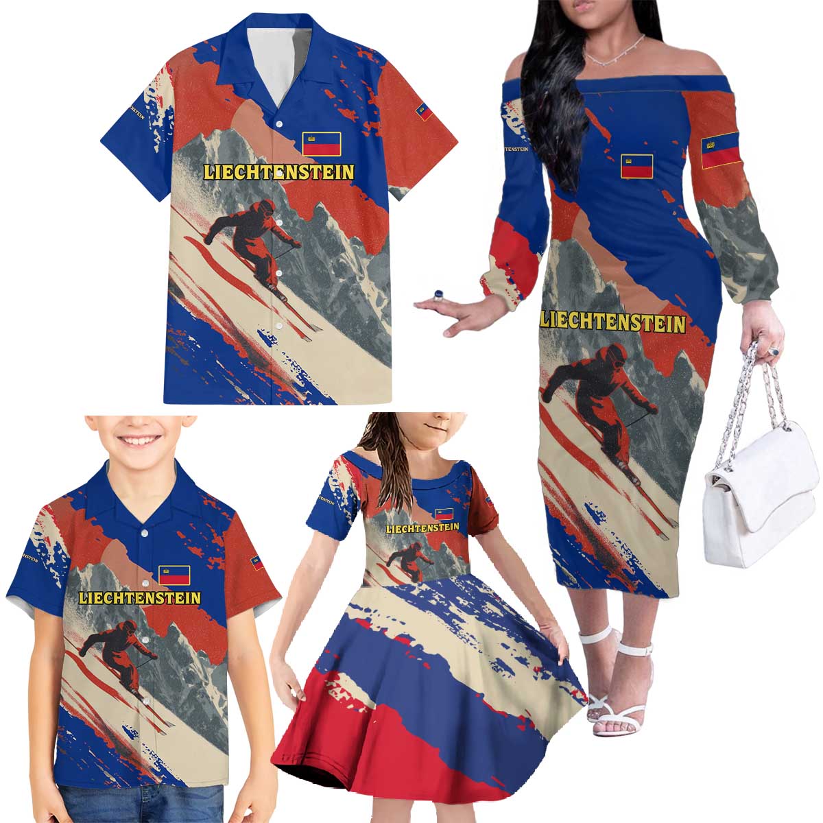 Liechtenstein Family Matching Off The Shoulder Long Sleeve Dress and Hawaiian Shirt with Alpine Skiing Red Blue Design and Mountain Landscape - Wonder Print Shop