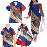 Liechtenstein Family Matching Off The Shoulder Long Sleeve Dress and Hawaiian Shirt with Alpine Skiing Red Blue Design and Mountain Landscape - Wonder Print Shop