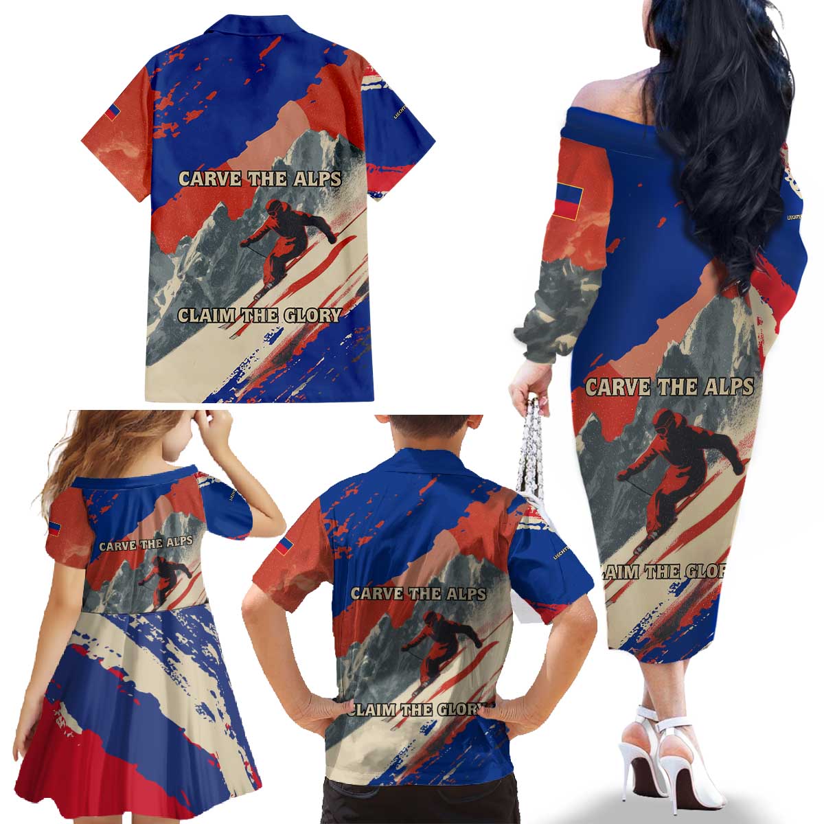 Liechtenstein Family Matching Off The Shoulder Long Sleeve Dress and Hawaiian Shirt with Alpine Skiing Red Blue Design and Mountain Landscape - Wonder Print Shop