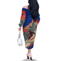Liechtenstein Family Matching Off The Shoulder Long Sleeve Dress and Hawaiian Shirt with Alpine Skiing Red Blue Design and Mountain Landscape - Wonder Print Shop