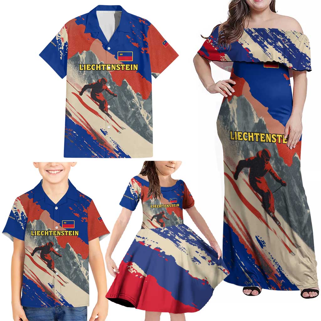 Liechtenstein Family Matching Off Shoulder Maxi Dress and Hawaiian Shirt with Alpine Skiing Red Blue Design and Mountain Landscape - Wonder Print Shop