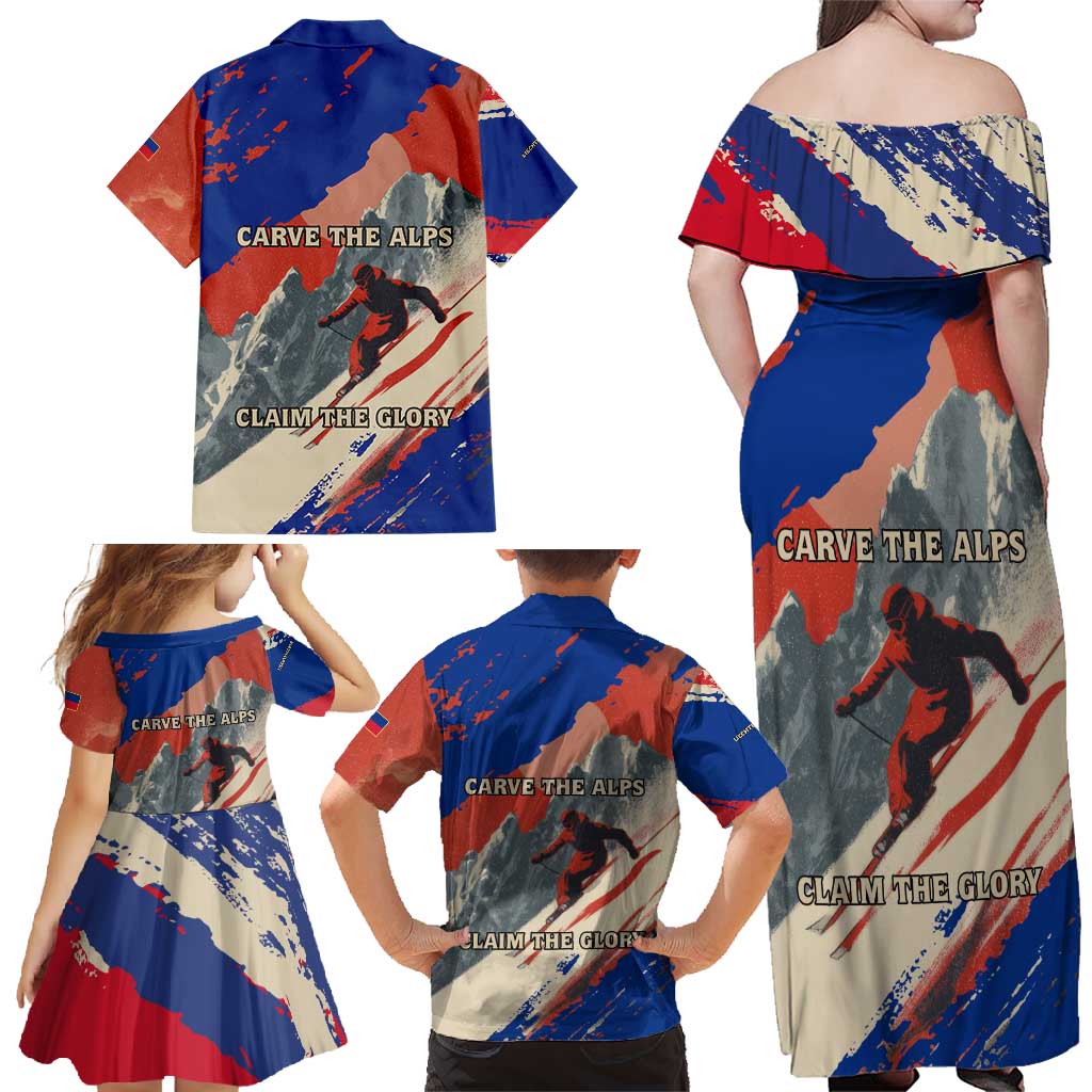 Liechtenstein Family Matching Off Shoulder Maxi Dress and Hawaiian Shirt with Alpine Skiing Red Blue Design and Mountain Landscape - Wonder Print Shop