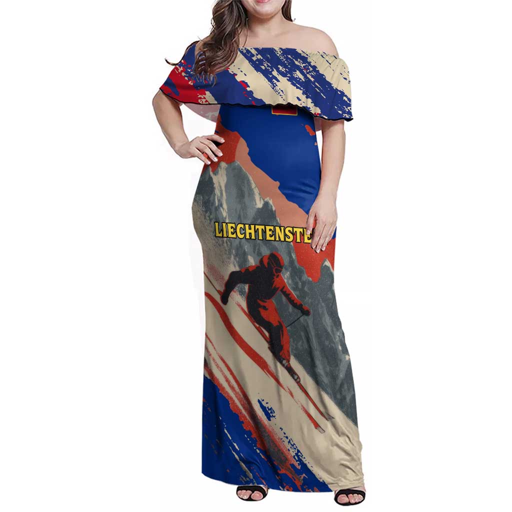 Liechtenstein Family Matching Off Shoulder Maxi Dress and Hawaiian Shirt with Alpine Skiing Red Blue Design and Mountain Landscape - Wonder Print Shop