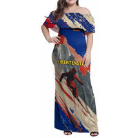 Liechtenstein Family Matching Off Shoulder Maxi Dress and Hawaiian Shirt with Alpine Skiing Red Blue Design and Mountain Landscape - Wonder Print Shop