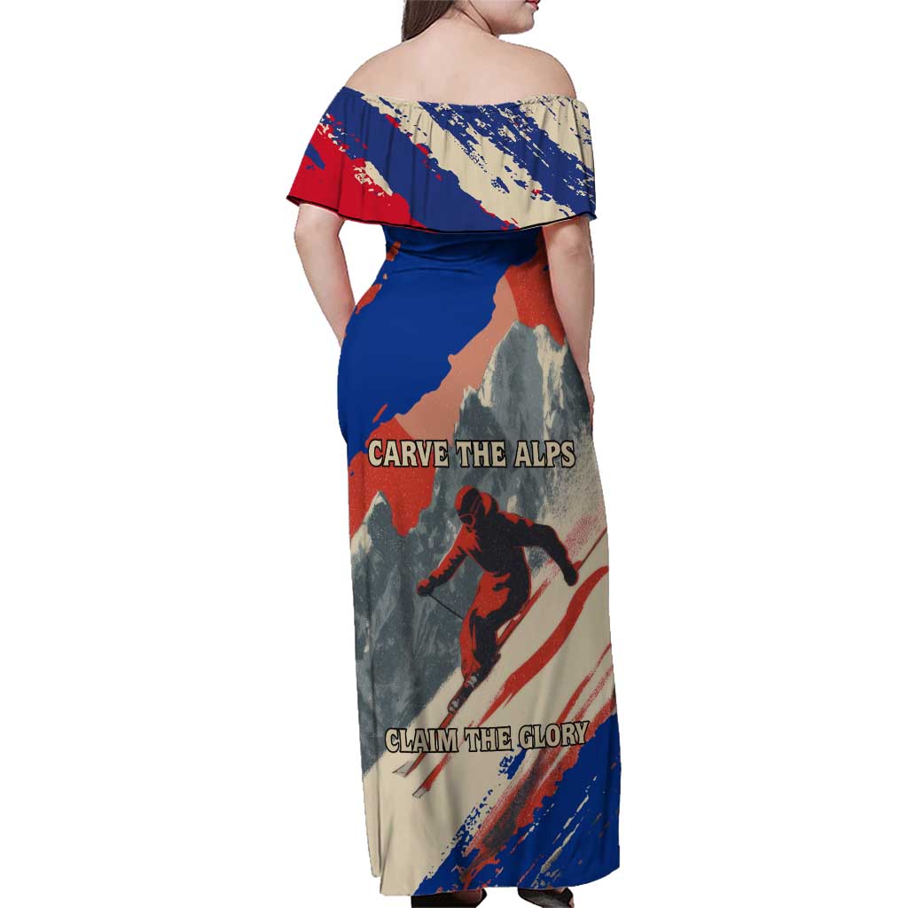 Liechtenstein Family Matching Off Shoulder Maxi Dress and Hawaiian Shirt with Alpine Skiing Red Blue Design and Mountain Landscape - Wonder Print Shop