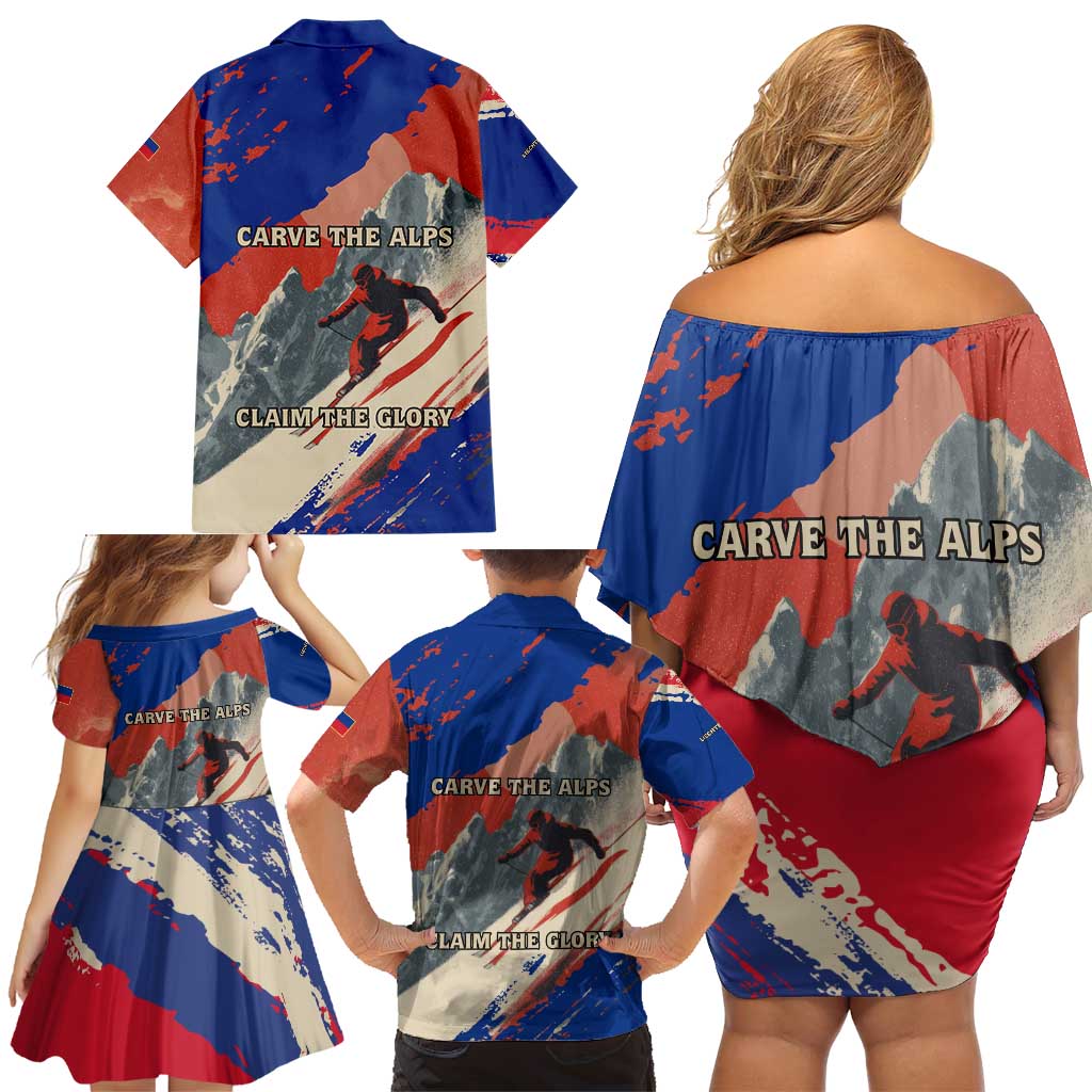 Liechtenstein Family Matching Off Shoulder Short Dress and Hawaiian Shirt with Alpine Skiing Red Blue Design and Mountain Landscape - Wonder Print Shop