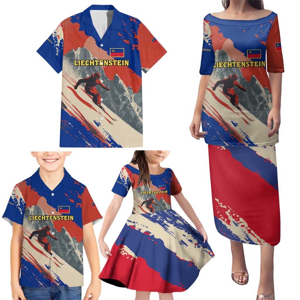 Liechtenstein Family Matching Puletasi and Hawaiian Shirt with Alpine Skiing Red Blue Design and Mountain Landscape - Wonder Print Shop