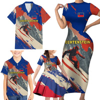 Liechtenstein Family Matching Short Sleeve Bodycon Dress and Hawaiian Shirt with Alpine Skiing Red Blue Design and Mountain Landscape - Wonder Print Shop