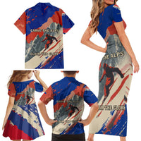 Liechtenstein Family Matching Short Sleeve Bodycon Dress and Hawaiian Shirt with Alpine Skiing Red Blue Design and Mountain Landscape - Wonder Print Shop