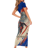 Liechtenstein Family Matching Short Sleeve Bodycon Dress and Hawaiian Shirt with Alpine Skiing Red Blue Design and Mountain Landscape - Wonder Print Shop