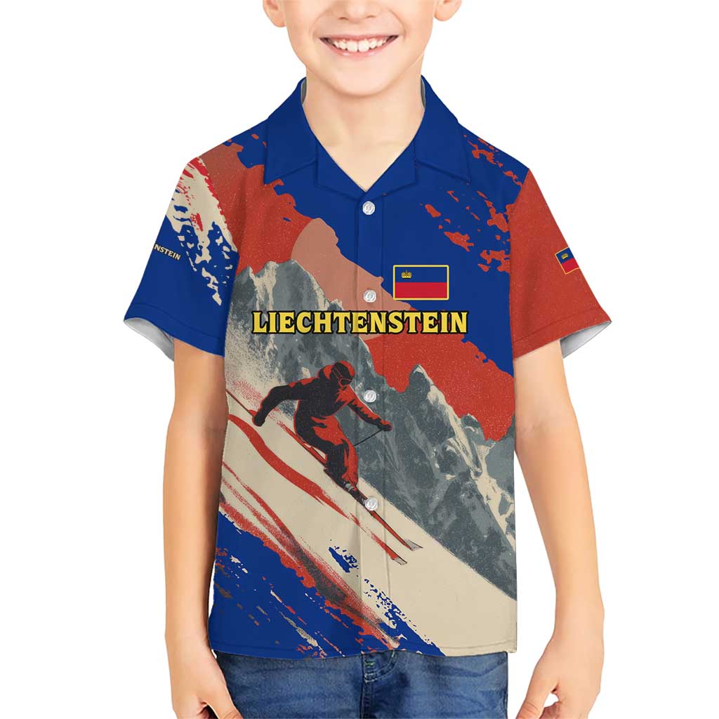 Liechtenstein Family Matching Short Sleeve Bodycon Dress and Hawaiian Shirt with Alpine Skiing Red Blue Design and Mountain Landscape - Wonder Print Shop