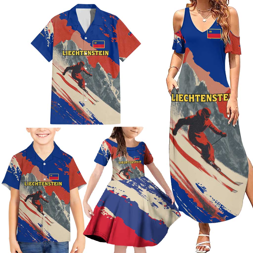 Liechtenstein Family Matching Summer Maxi Dress and Hawaiian Shirt with Alpine Skiing Red Blue Design and Mountain Landscape - Wonder Print Shop