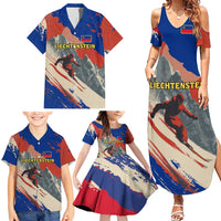 Liechtenstein Family Matching Summer Maxi Dress and Hawaiian Shirt with Alpine Skiing Red Blue Design and Mountain Landscape - Wonder Print Shop