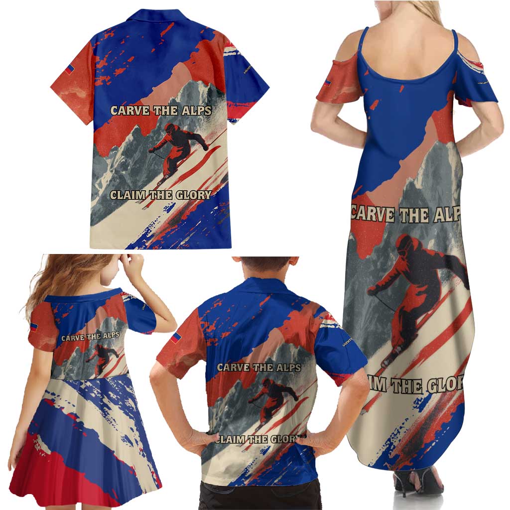 Liechtenstein Family Matching Summer Maxi Dress and Hawaiian Shirt with Alpine Skiing Red Blue Design and Mountain Landscape - Wonder Print Shop