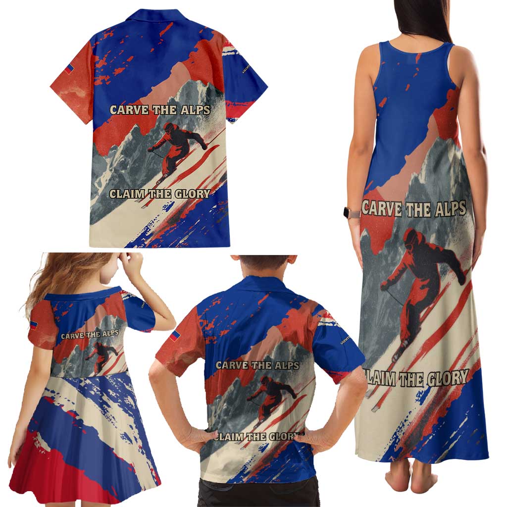 Liechtenstein Family Matching Tank Maxi Dress and Hawaiian Shirt with Alpine Skiing Red Blue Design and Mountain Landscape - Wonder Print Shop
