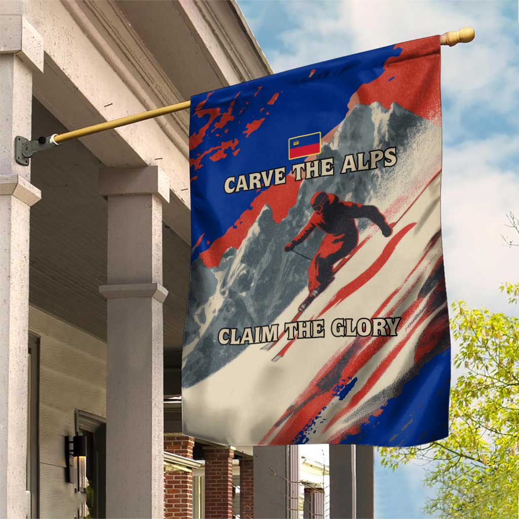 Liechtenstein Garden Flag with Alpine Skiing Red Blue Design and Mountain Landscape - Wonder Print Shop