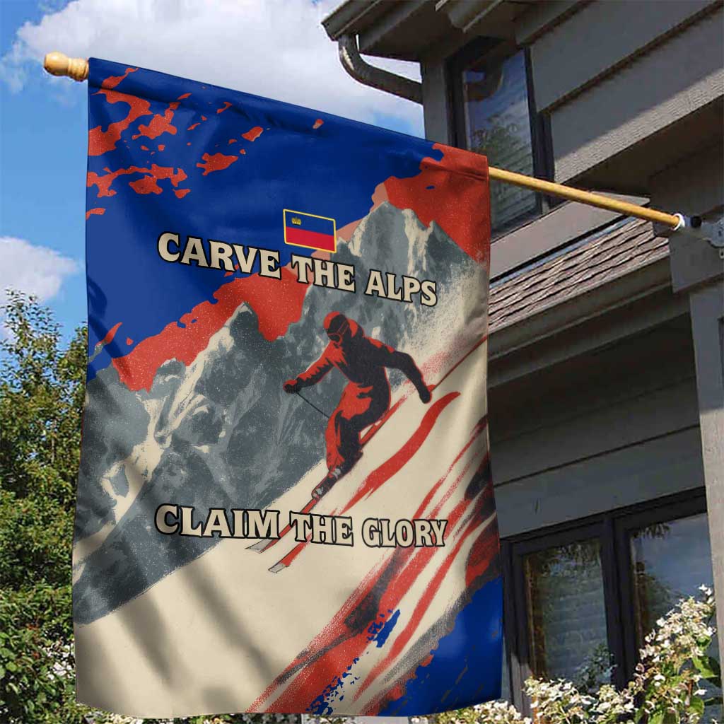 Liechtenstein Garden Flag with Alpine Skiing Red Blue Design and Mountain Landscape - Wonder Print Shop