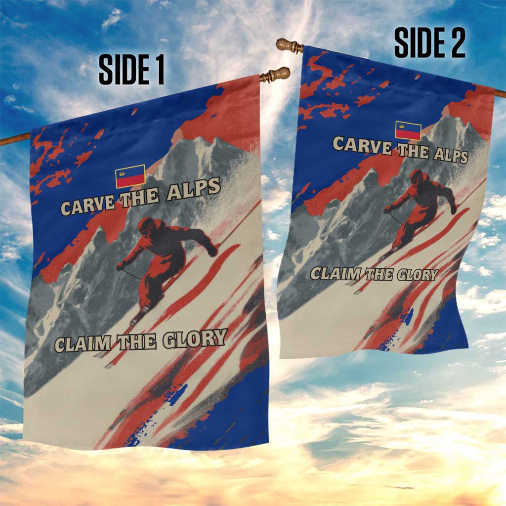 Liechtenstein Garden Flag with Alpine Skiing Red Blue Design and Mountain Landscape - Wonder Print Shop