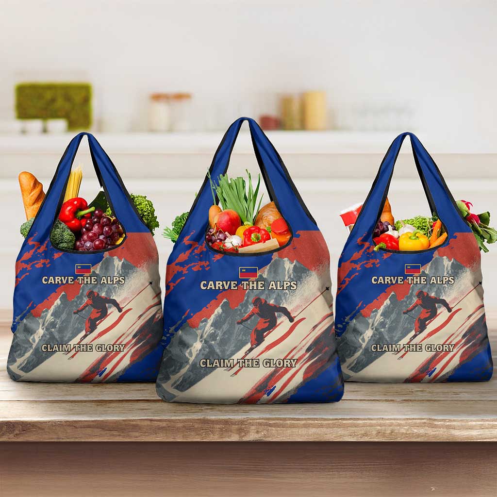 Liechtenstein Grocery Bag with Alpine Skiing Red Blue Design and Mountain Landscape - Wonder Print Shop
