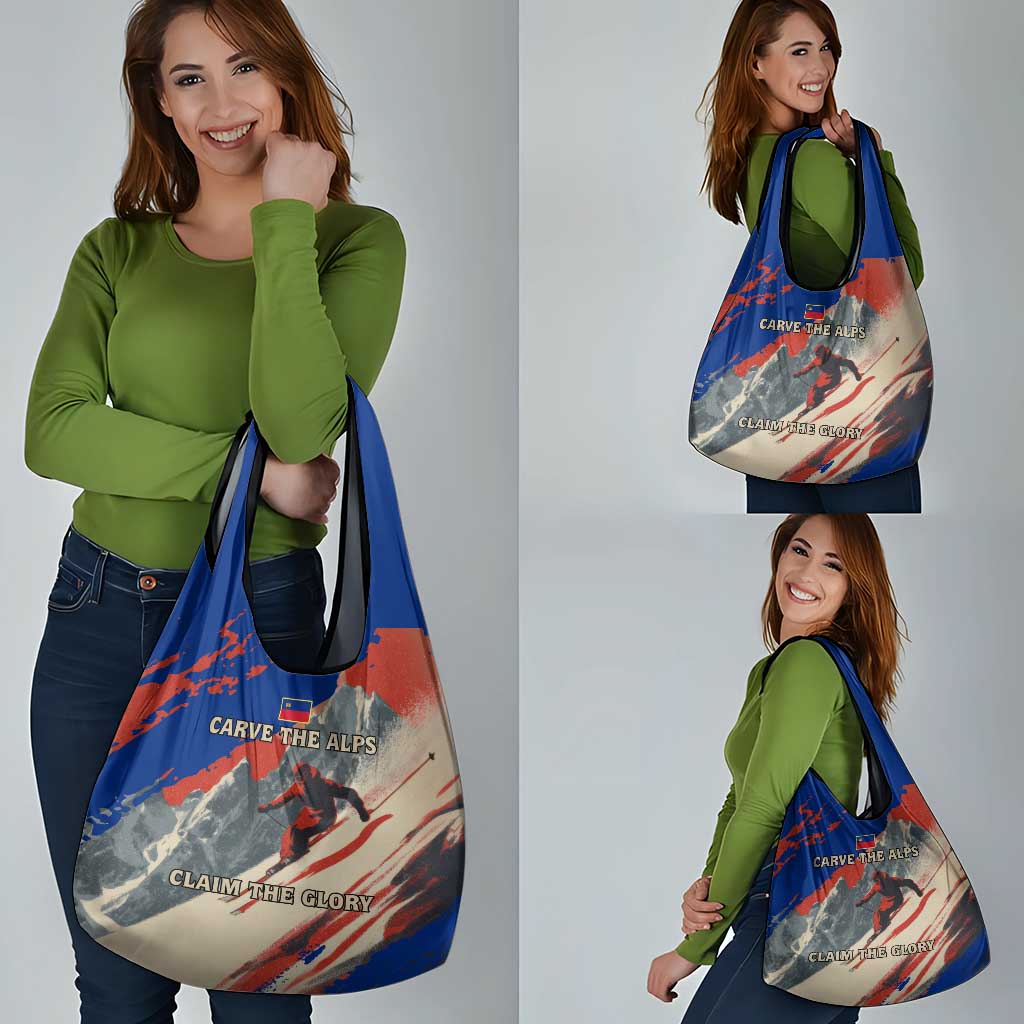 Liechtenstein Grocery Bag with Alpine Skiing Red Blue Design and Mountain Landscape - Wonder Print Shop