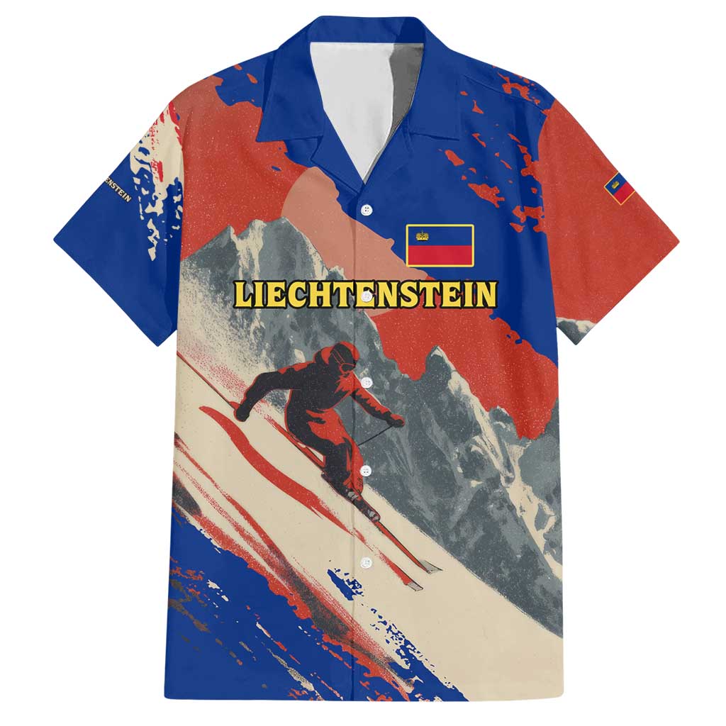 Liechtenstein Hawaiian Shirt with Alpine Skiing Red Blue Design and Mountain Landscape - Wonder Print Shop