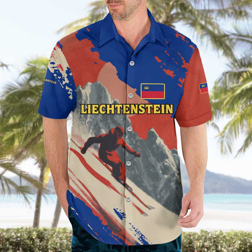 Liechtenstein Hawaiian Shirt with Alpine Skiing Red Blue Design and Mountain Landscape - Wonder Print Shop