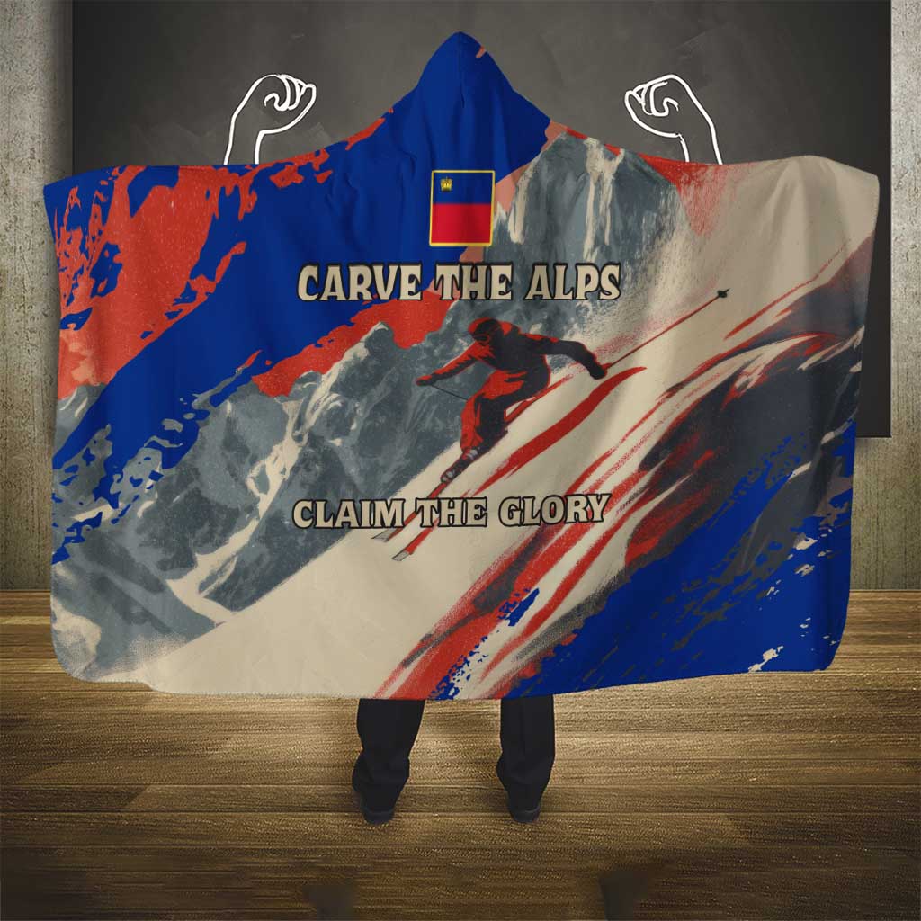 Liechtenstein Hooded Blanket with Alpine Skiing Red Blue Design and Mountain Landscape - Wonder Print Shop