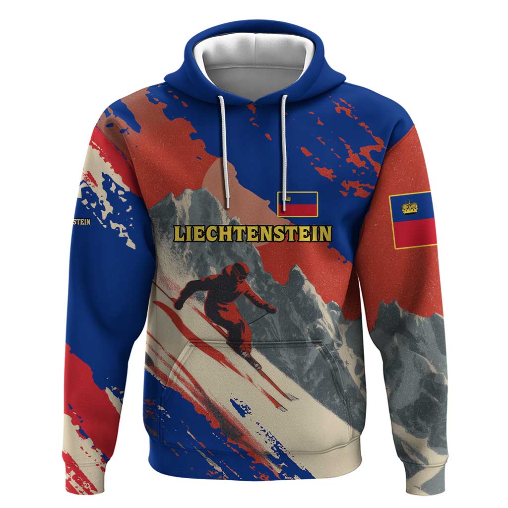 Liechtenstein Hoodie with Alpine Skiing Red Blue Design and Mountain Landscape - Wonder Print Shop