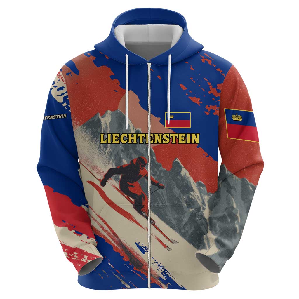 Liechtenstein Hoodie with Alpine Skiing Red Blue Design and Mountain Landscape - Wonder Print Shop